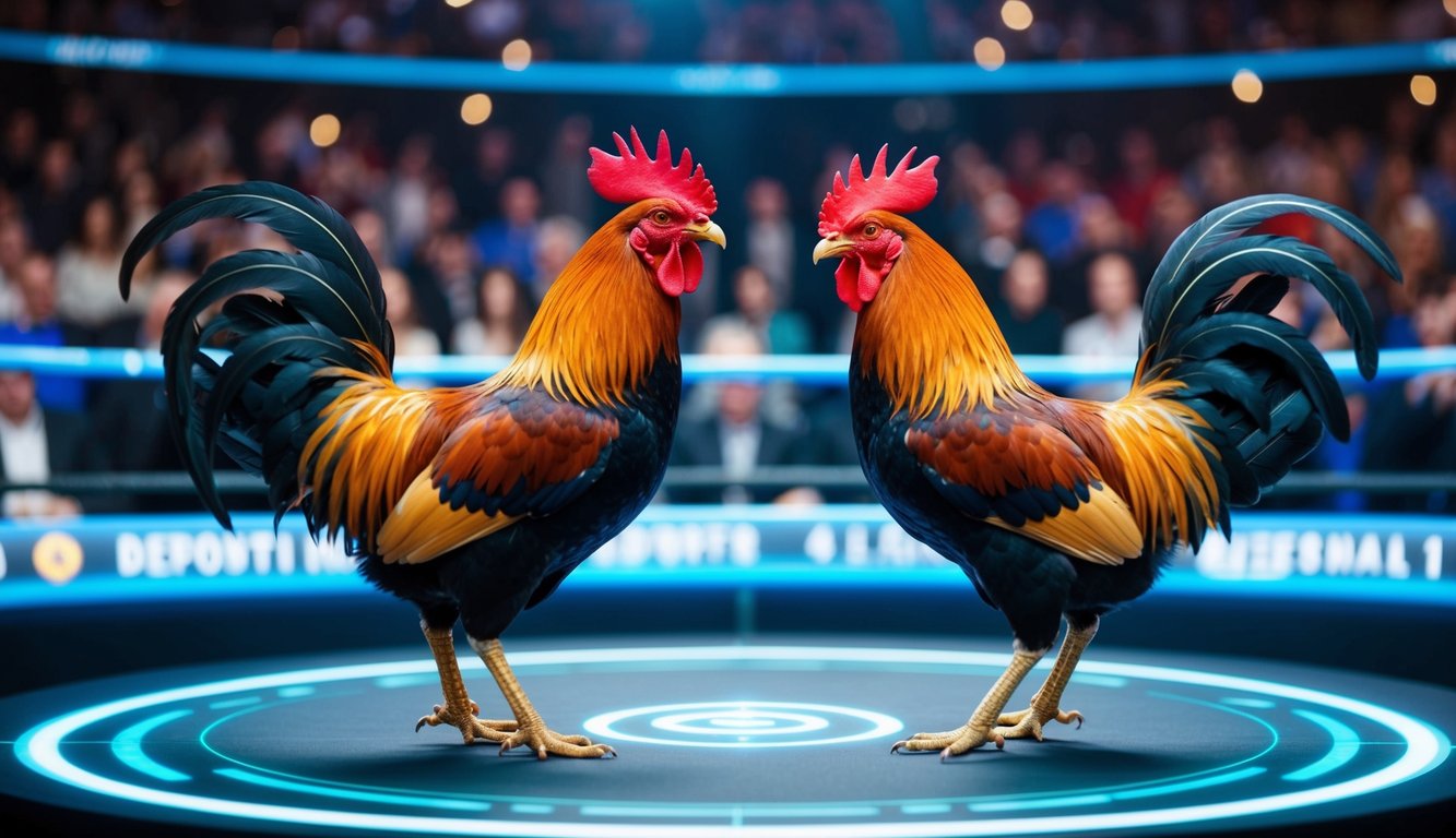 Dua ayam jantan berhadapan di arena digital, dikelilingi oleh kerumunan penonton virtual, dengan antarmuka deposit yang berdenyut di latar belakang