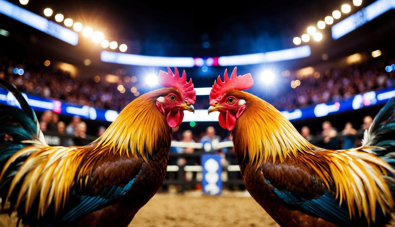 Dua ayam jantan berhadapan di arena yang ramai, dikelilingi oleh penonton yang bersorak dan lampu-lampu terang