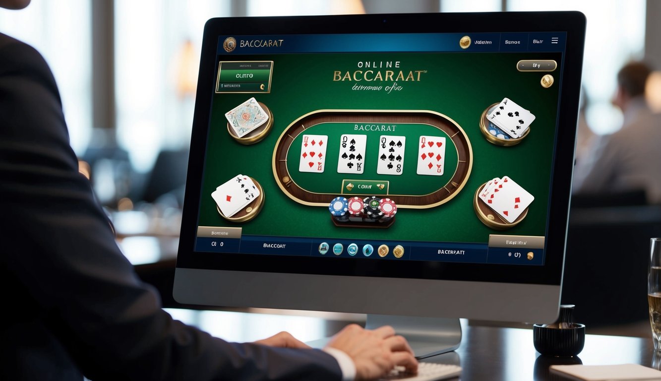 Sebuah layar komputer yang ramping dan modern menampilkan permainan baccarat online dengan kartu dan chip virtual. Antarmukanya bersih dan menarik, dengan skema warna yang canggih.