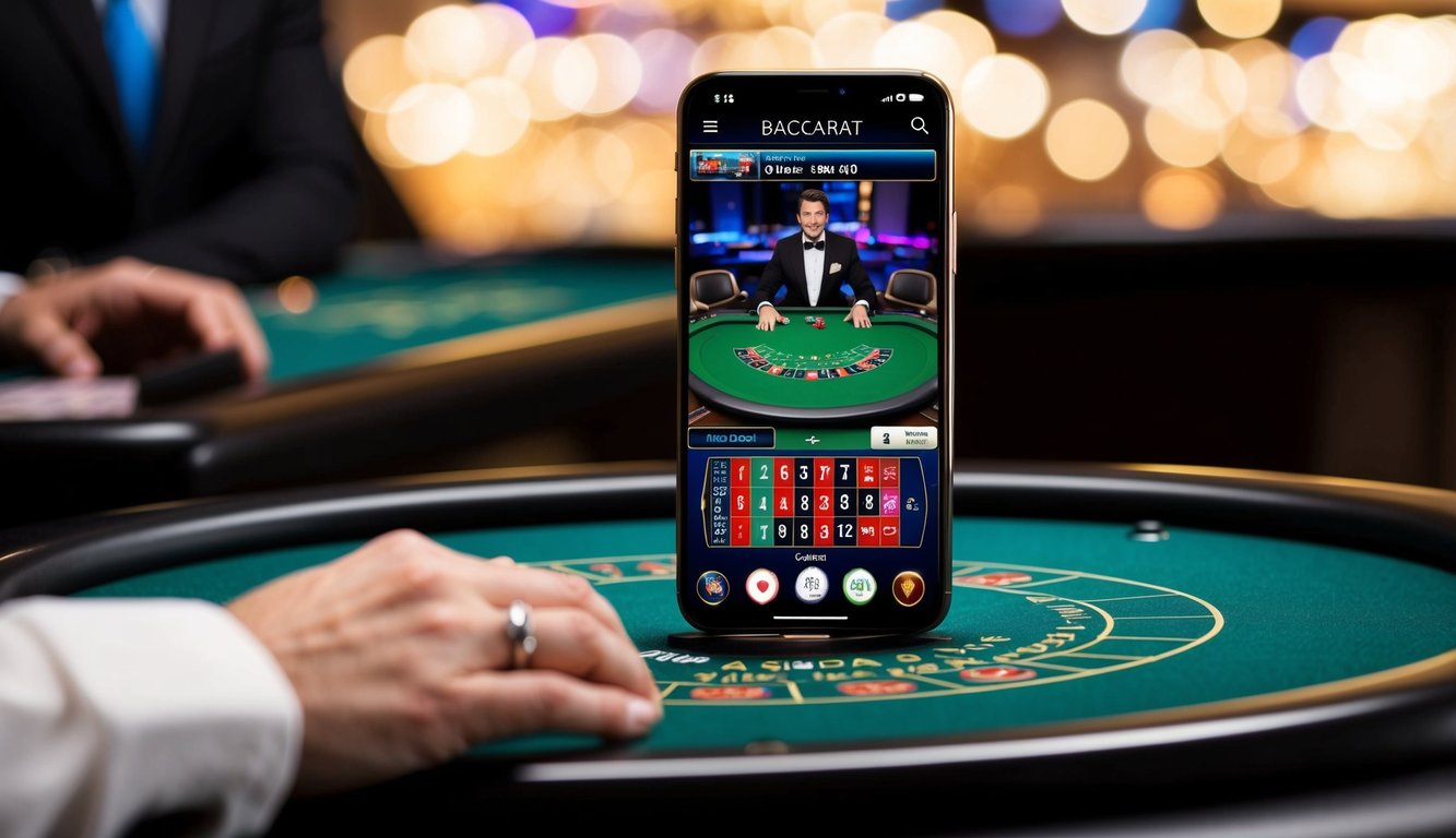 Sebuah smartphone modern yang ramping menampilkan permainan baccarat online dengan grafis yang cerah dan dealer virtual