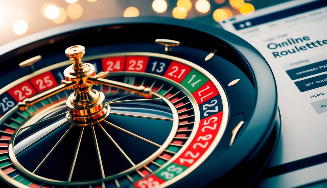 Roda roulette online berwarna-warni berputar di situs web terpercaya, dikelilingi oleh antarmuka yang ramping dan modern