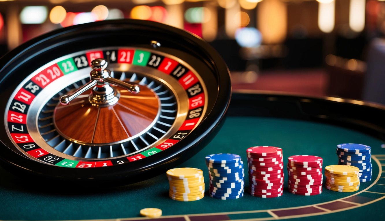 Roda roulette berputar dengan chip berwarna-warni yang ditempatkan di meja taruhan