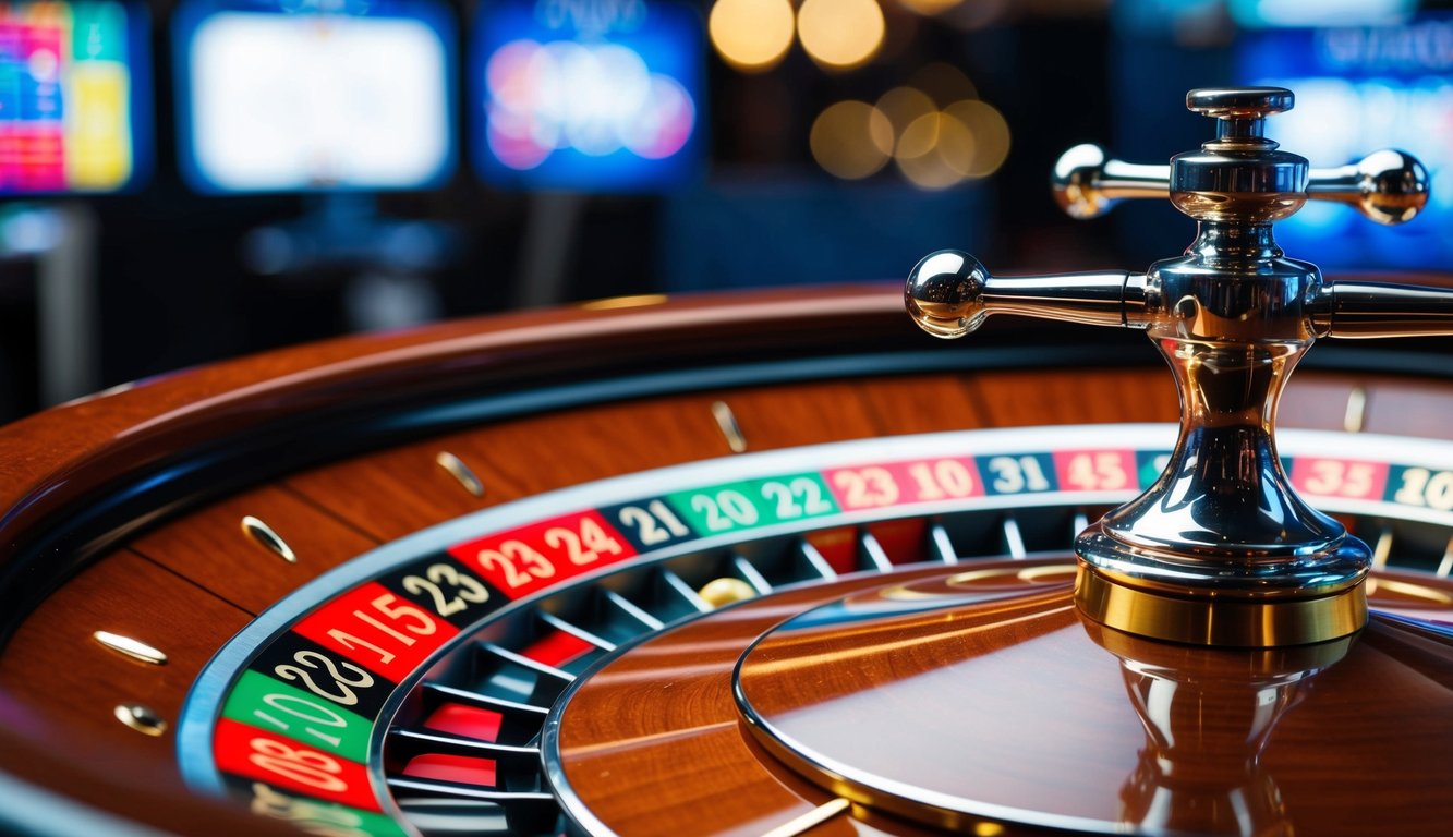 Roda roulette yang berputar dengan slot bernomor berwarna-warni dan antarmuka online yang ramping dan modern untuk memasang taruhan