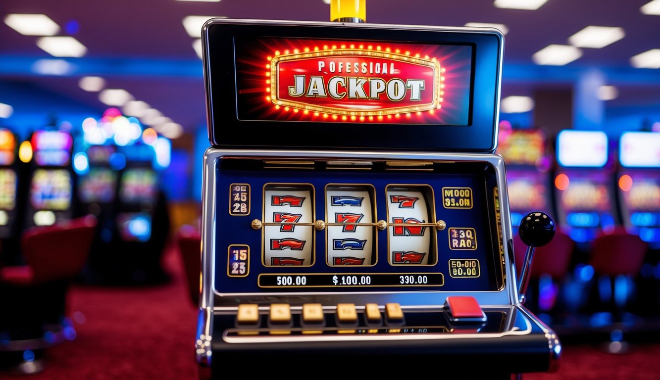 Sebuah mesin slot online yang cerah dengan lampu berkedip dan tampilan jackpot besar