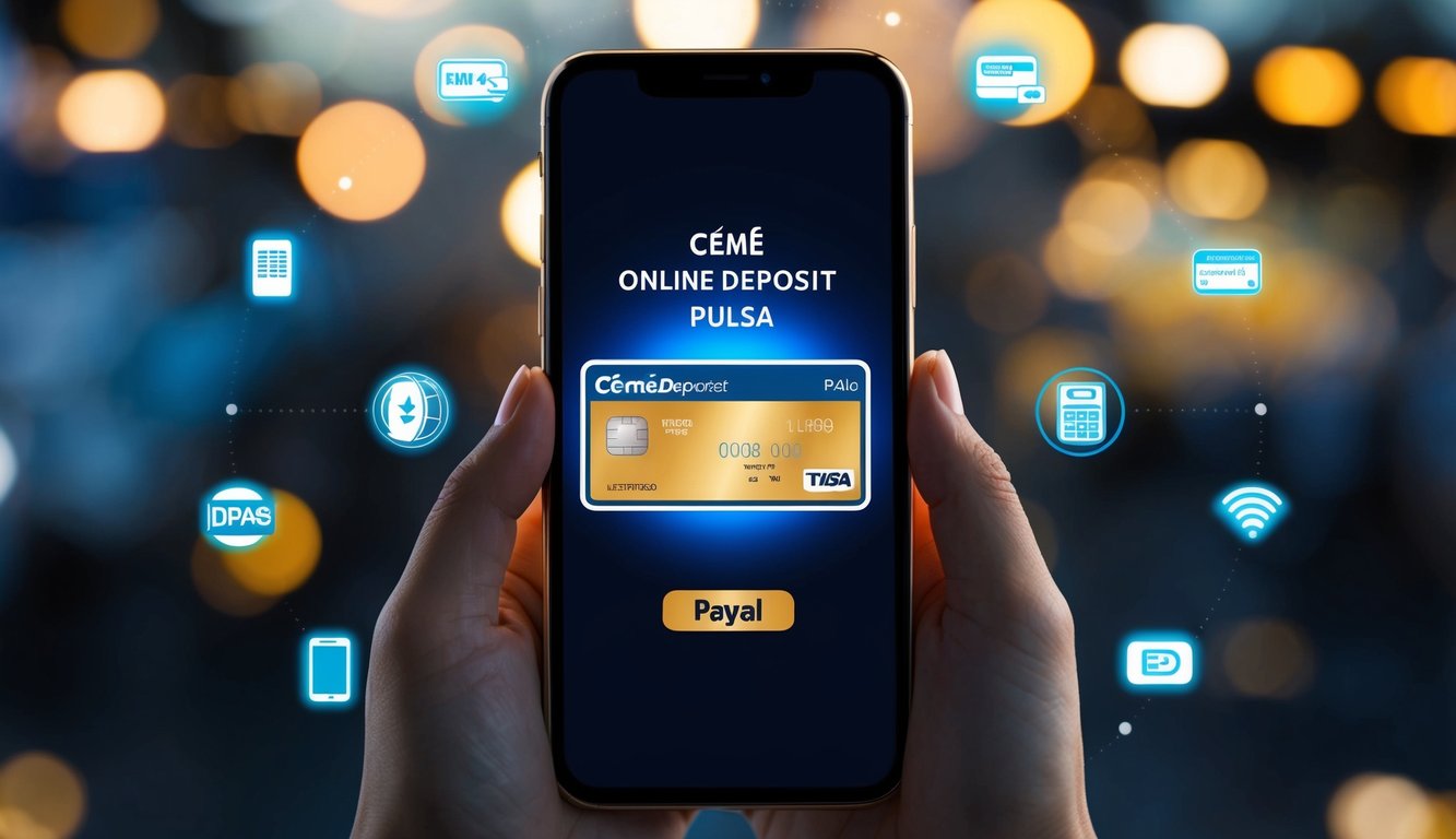 Sebuah smartphone dengan layar yang bersinar menampilkan transaksi deposit pulsa ceme online, dikelilingi oleh berbagai ikon pembayaran elektronik