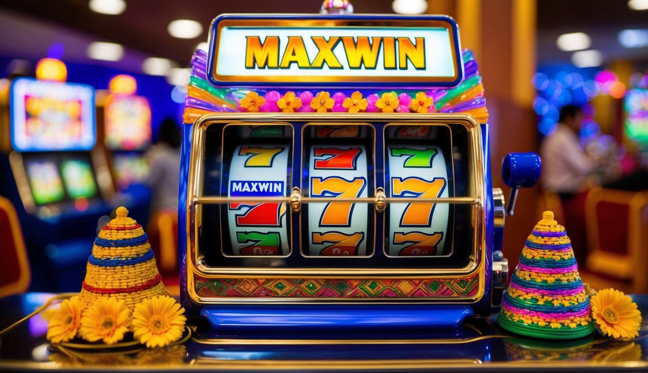 Sebuah mesin slot yang berwarna-warni dan cerah dengan kata "Maxwin" berkedip di layar, dikelilingi oleh dekorasi bertema Indonesia