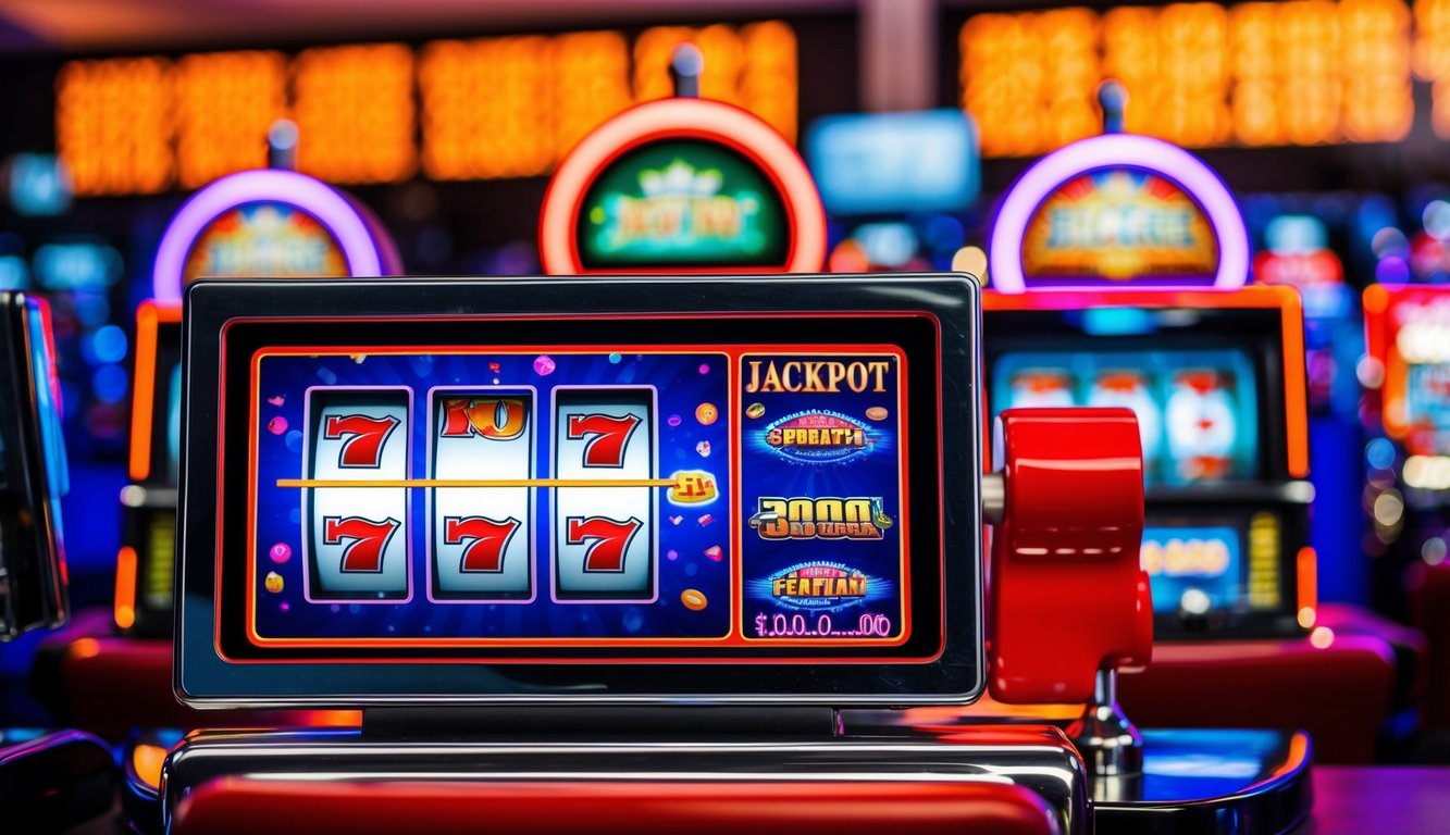 Mesin slot online yang hidup dengan lampu berkedip dan tampilan jackpot besar