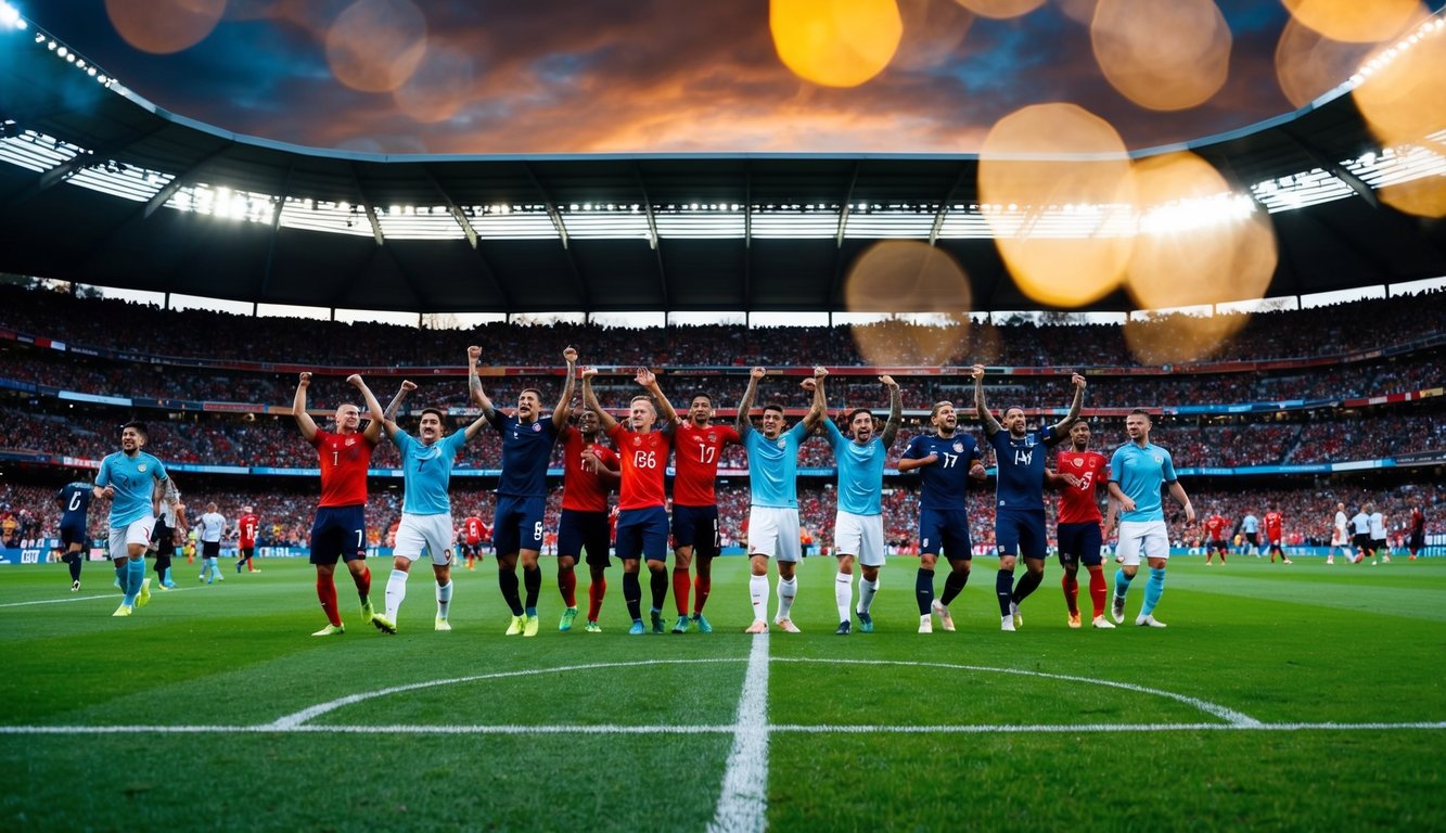 Sebuah stadion sepak bola yang ramai dengan penggemar yang bersorak dan pemain di lapangan