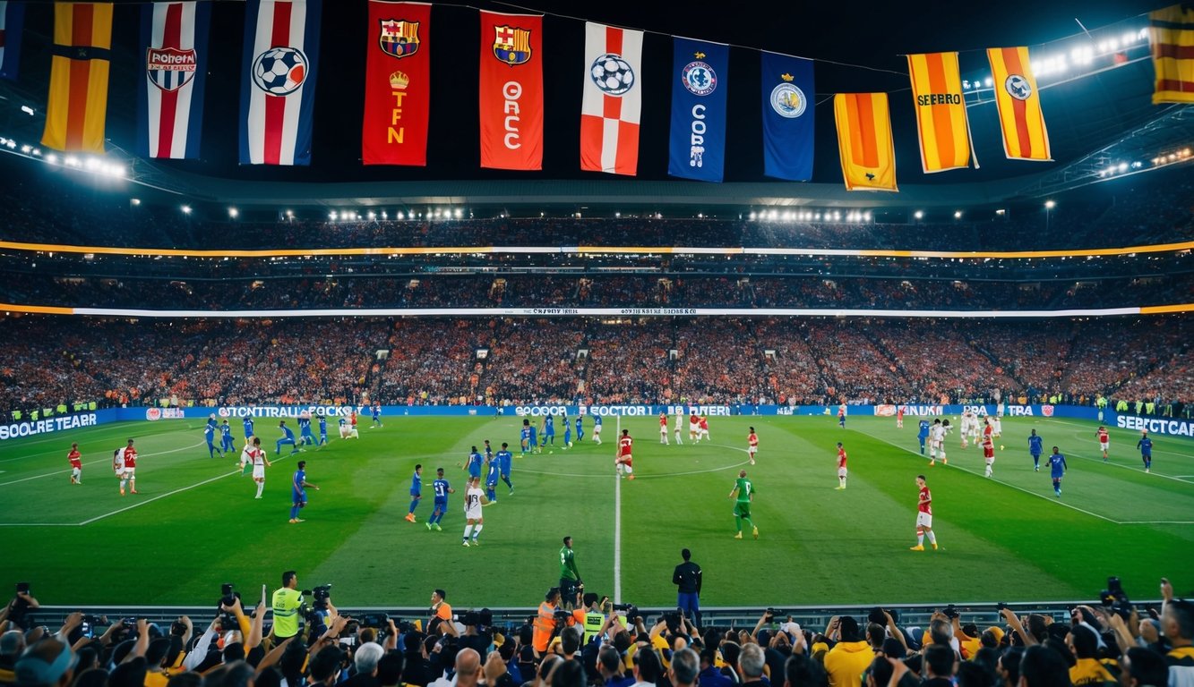 Sebuah stadion yang ramai dipenuhi dengan penggemar yang bersorak dan pemain di lapangan, dengan spanduk dan bendera yang menampilkan nama-nama tim sepak bola terbaik