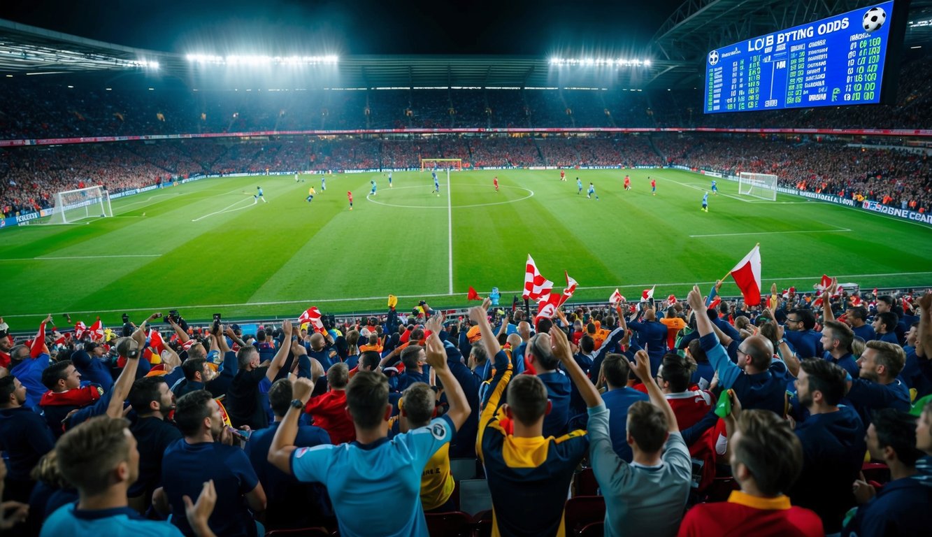 Sebuah stadion yang ramai dengan pertandingan sepak bola yang sedang berlangsung, para penggemar bersorak dan melambaikan bendera, dengan papan skor elektronik besar yang menampilkan odds taruhan langsung.