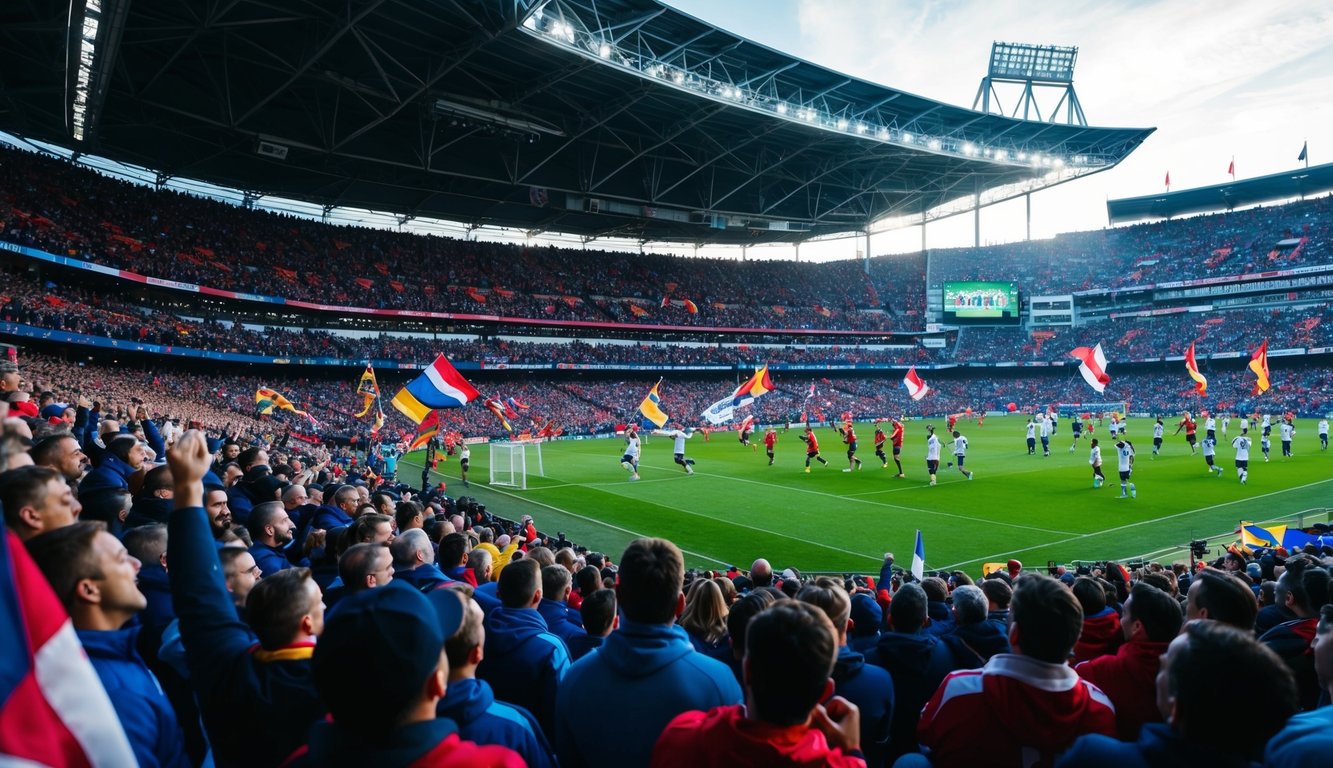 Sebuah stadion yang ramai dengan penggemar bersorak, bendera berkibar, dan pemain beraksi di lapangan