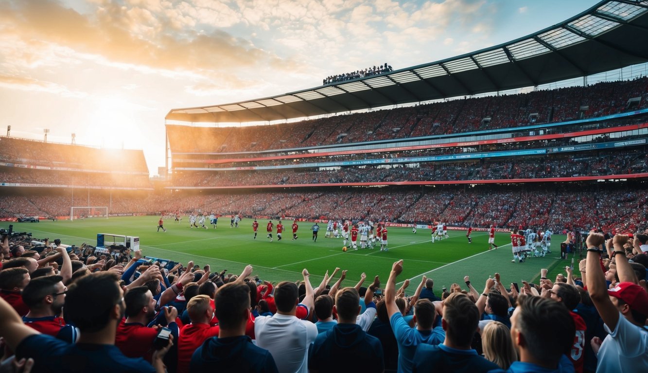 Sebuah stadion yang ramai dengan penggemar yang bersorak dan pemain di lapangan