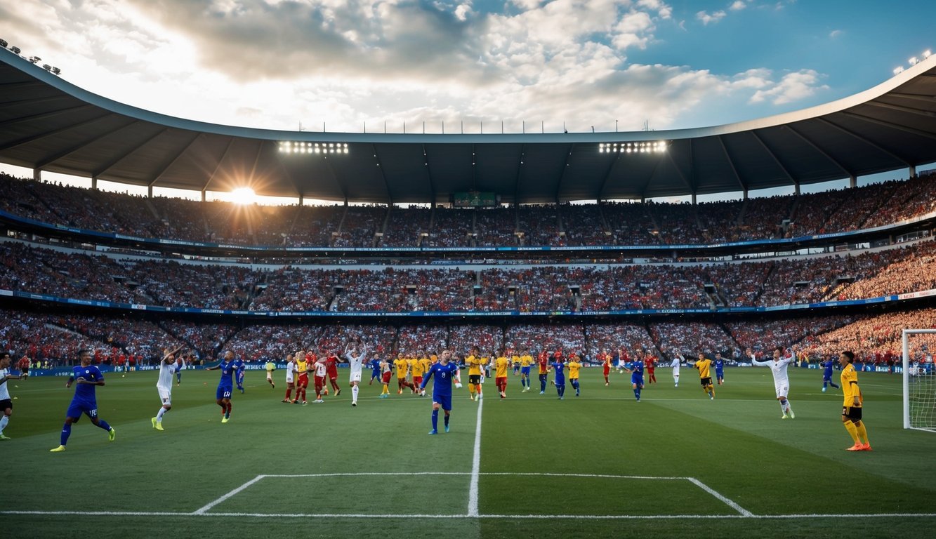 Sebuah stadion sepak bola yang ramai dengan penggemar yang bersorak dan pemain di lapangan