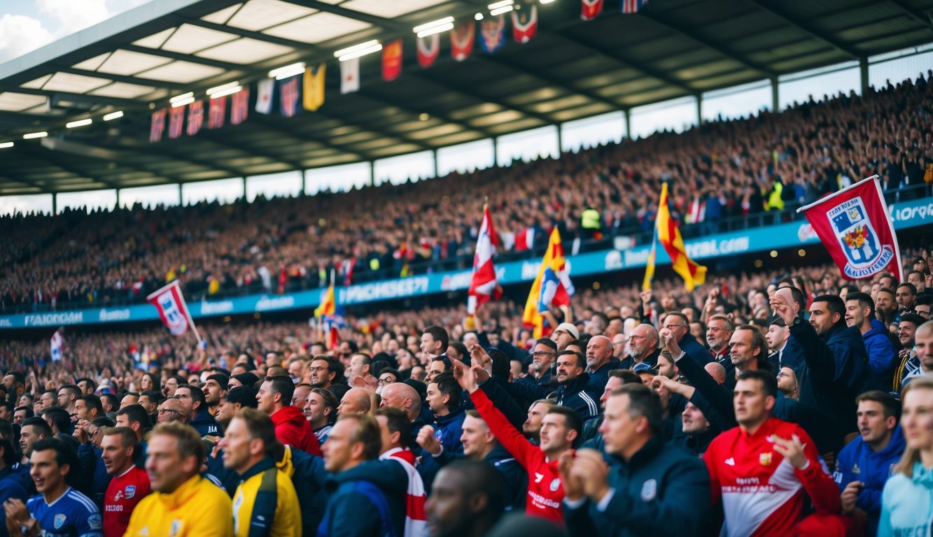 Sebuah stadion sepak bola yang ramai dipenuhi dengan penggemar yang bersorak dan spanduk tim yang berwarna-warni