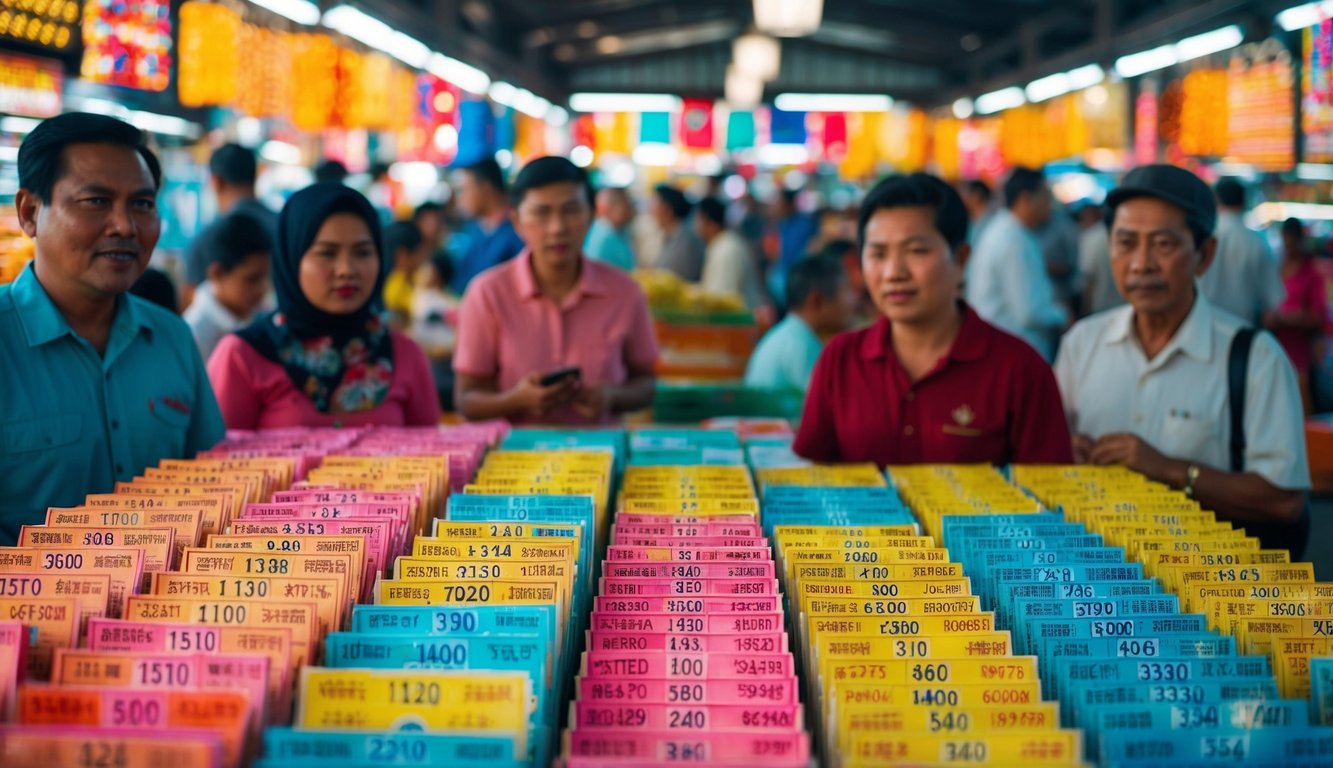 Pasar Indonesia yang ramai dipenuhi dengan penjual tiket lotere berwarna-warni dan pelanggan yang antusias