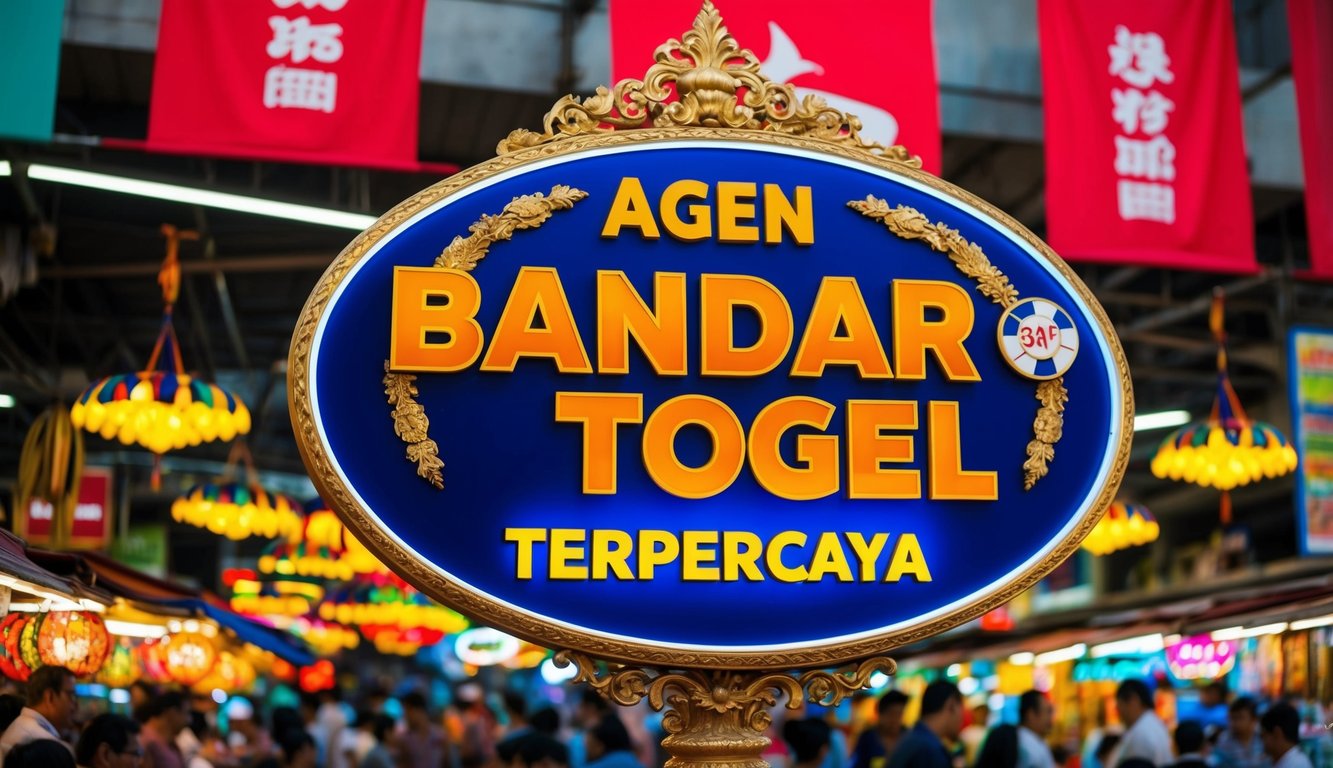 Pasar yang hidup dan ramai dengan spanduk berwarna-warni dan tanda besar yang megah untuk "Agen Bandar Togel Terpercaya" yang ditampilkan secara mencolok