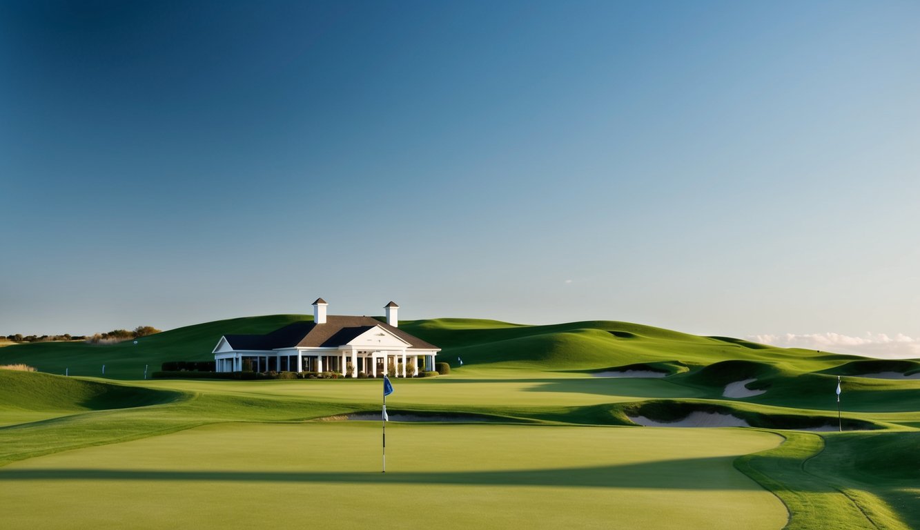 Sebuah lapangan golf hijau subur dengan bukit-bukit bergelombang dan langit biru cerah, dengan clubhouse dan tiang bendera yang menandai lubang-lubang.