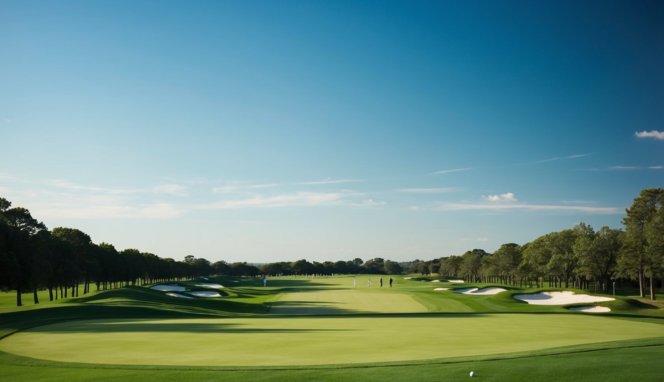 Sebuah lapangan golf dengan jalur hijau subur dan langit biru yang cerah, dengan pegolf di kejauhan