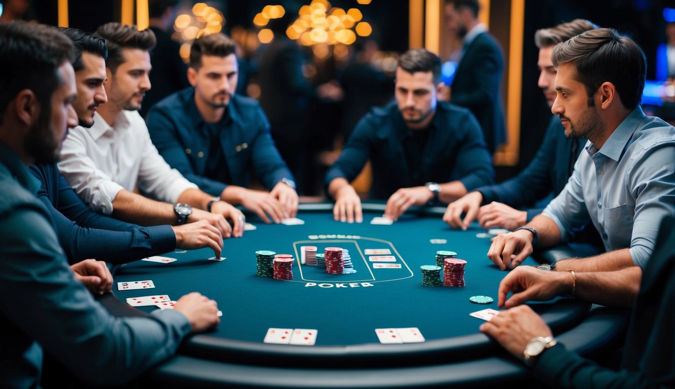 Sekelompok pemain berkumpul di sekitar meja poker virtual, kartu dan chip mereka tersebar saat mereka terlibat dalam permainan dengan taruhan tinggi.