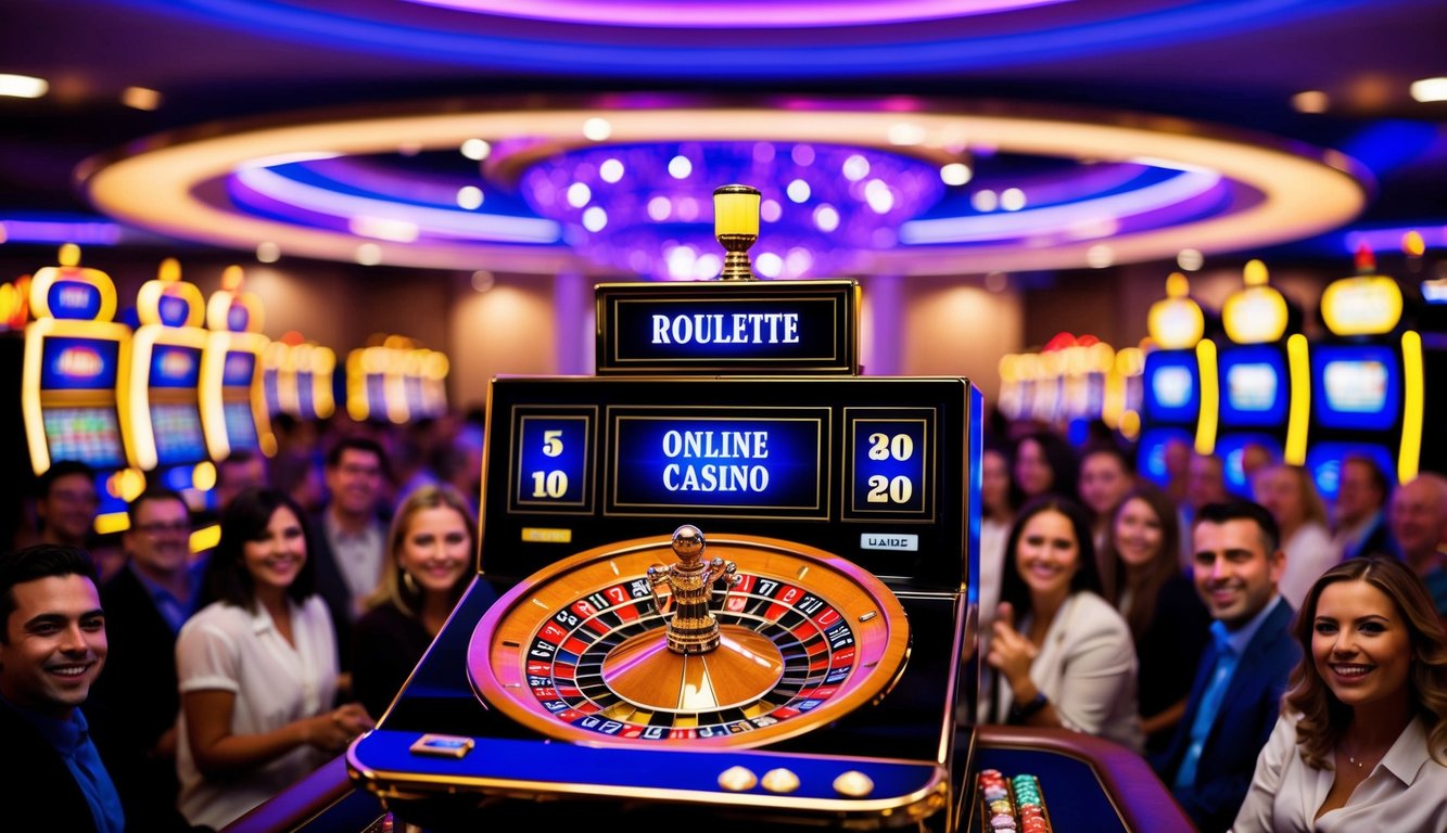 Sebuah suasana kasino online yang hidup dengan mesin slot yang bersinar dan roda roulette, dikelilingi oleh kerumunan pemain yang bersemangat