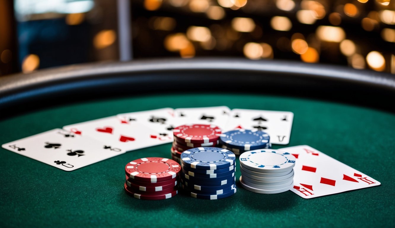 Sekelompok chip poker dan kartu bermain yang disusun di atas meja felt hijau