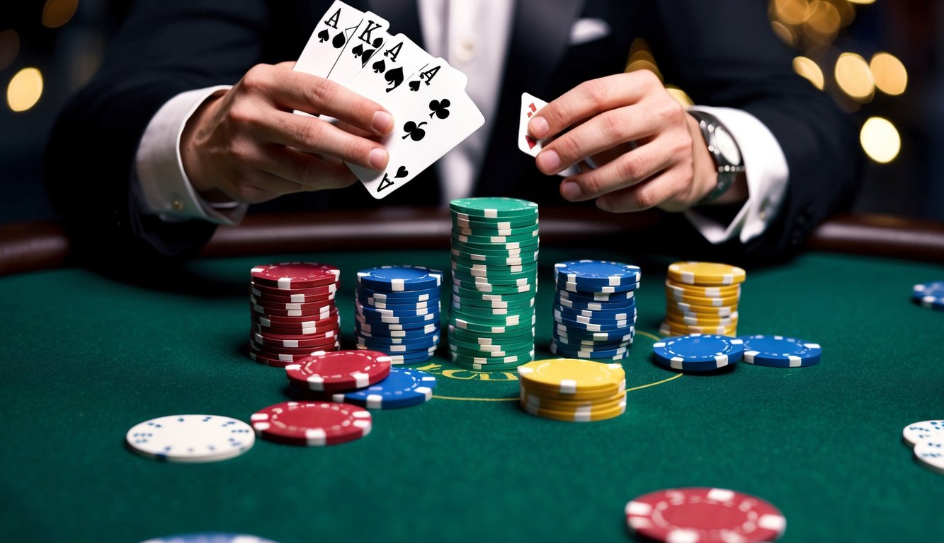 Sekelompok chip poker tersebar di meja felt hijau, dengan kartu yang dibagikan oleh tangan dealer.