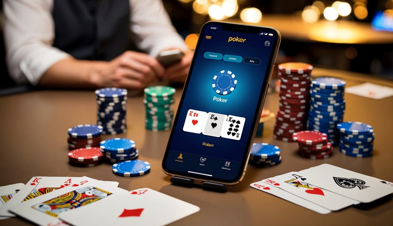 Sebuah smartphone yang menampilkan aplikasi poker di atas meja, dikelilingi oleh chip dan kartu