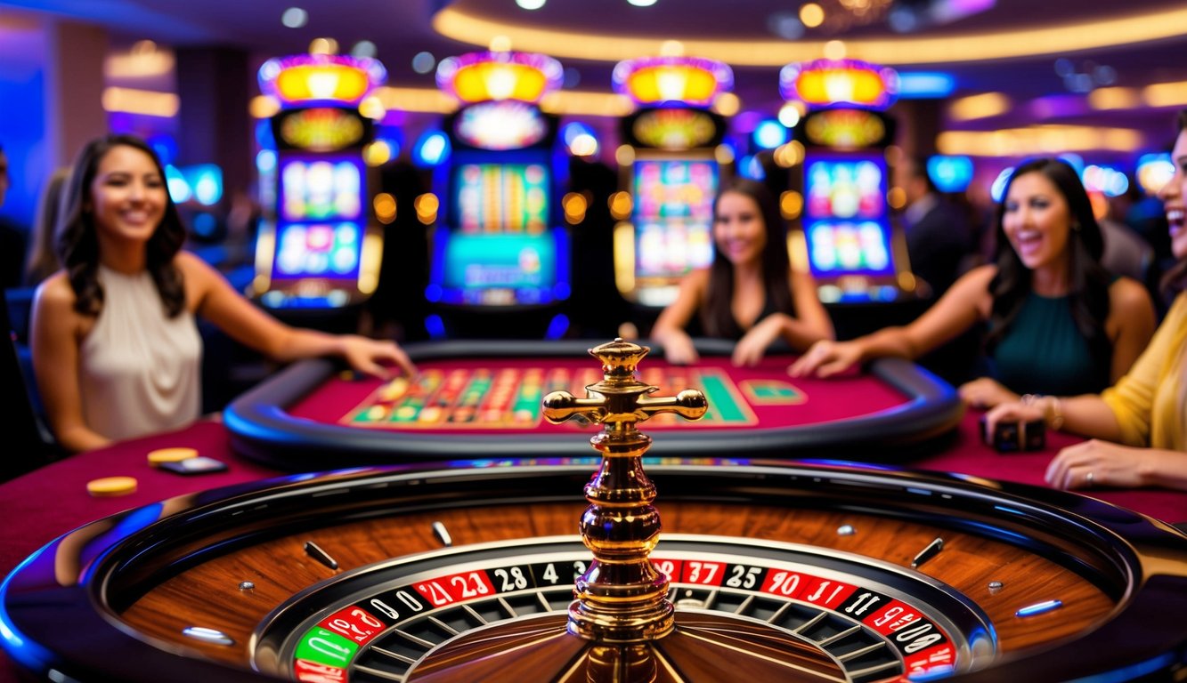 Sebuah pengaturan kasino online yang hidup dengan mesin slot berwarna-warni dan meja roulette yang dikelilingi oleh pemain yang bersemangat