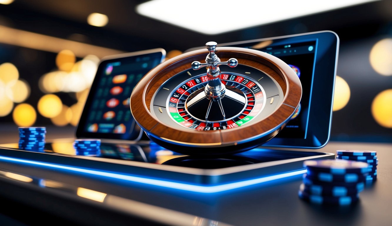 Roda roulette digital berputar di antarmuka kasino online yang bersinar, dikelilingi oleh chip virtual dan latar belakang yang ramping dan modern