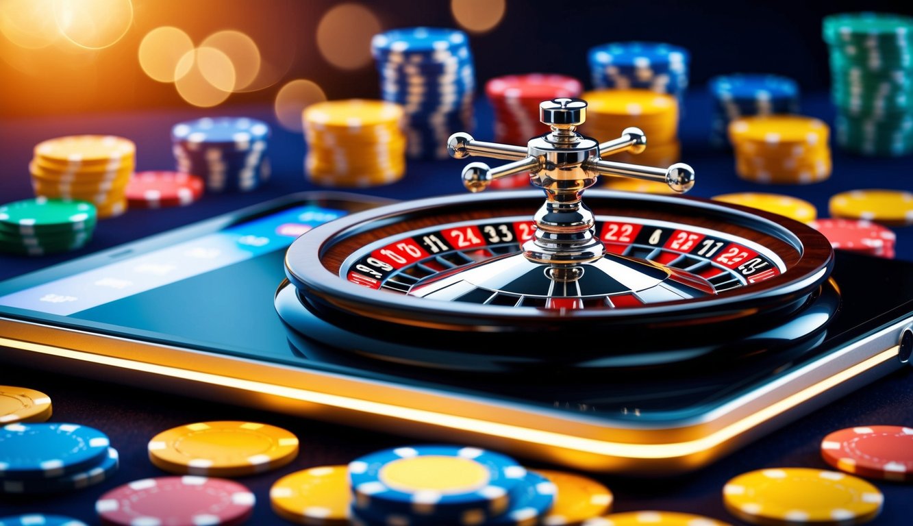 Roda roulette digital berputar di layar yang bersinar, dikelilingi oleh chip berwarna-warni dan antarmuka yang ramping