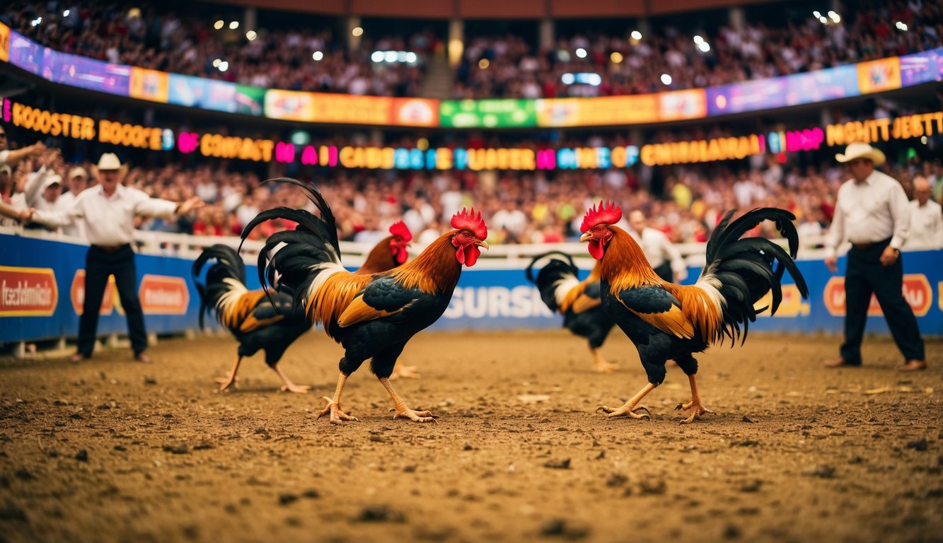 Sebuah arena yang ramai dengan ayam jantan yang bertarung, dikelilingi oleh penonton yang antusias dan spanduk yang berwarna-warni