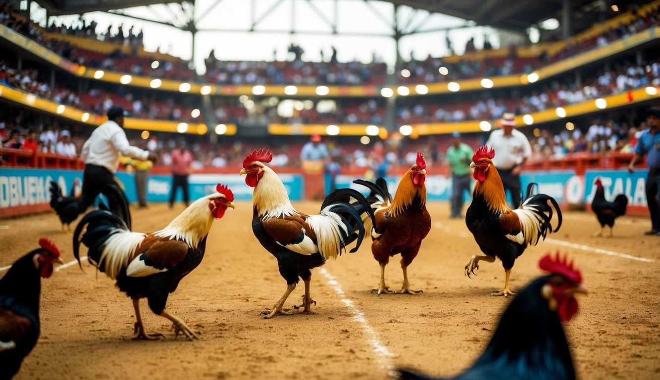 Sebuah arena sabung ayam yang ramai dengan penonton yang antusias dan ayam jantan berwarna-warni di pusat aksi