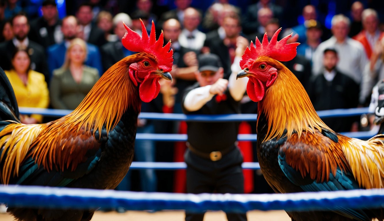 Dua ayam jantan berhadapan di sebuah arena, dikelilingi oleh kerumunan penonton dan seorang wasit, dengan suasana ketegangan dan kegembiraan di udara.