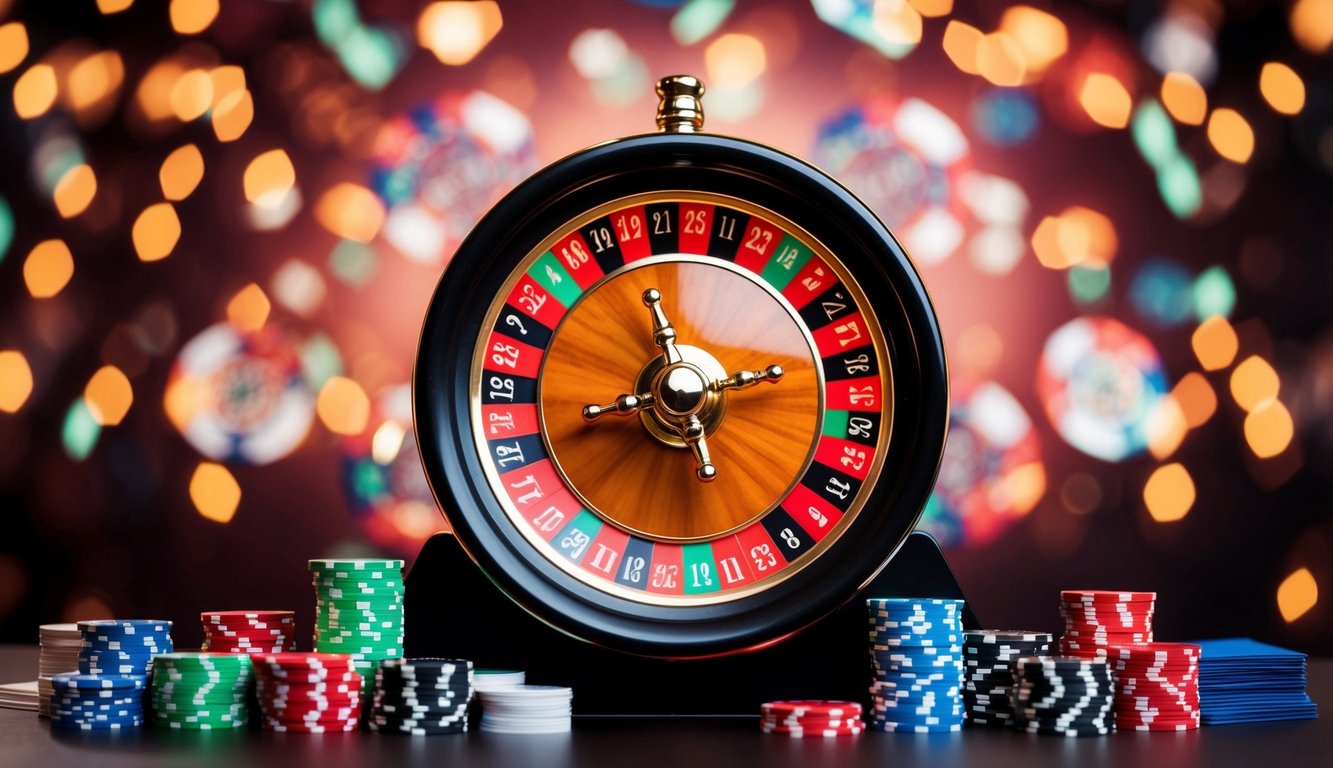 Roda roulette online yang berwarna-warni berputar di tengah latar belakang chip kasino dan kartu