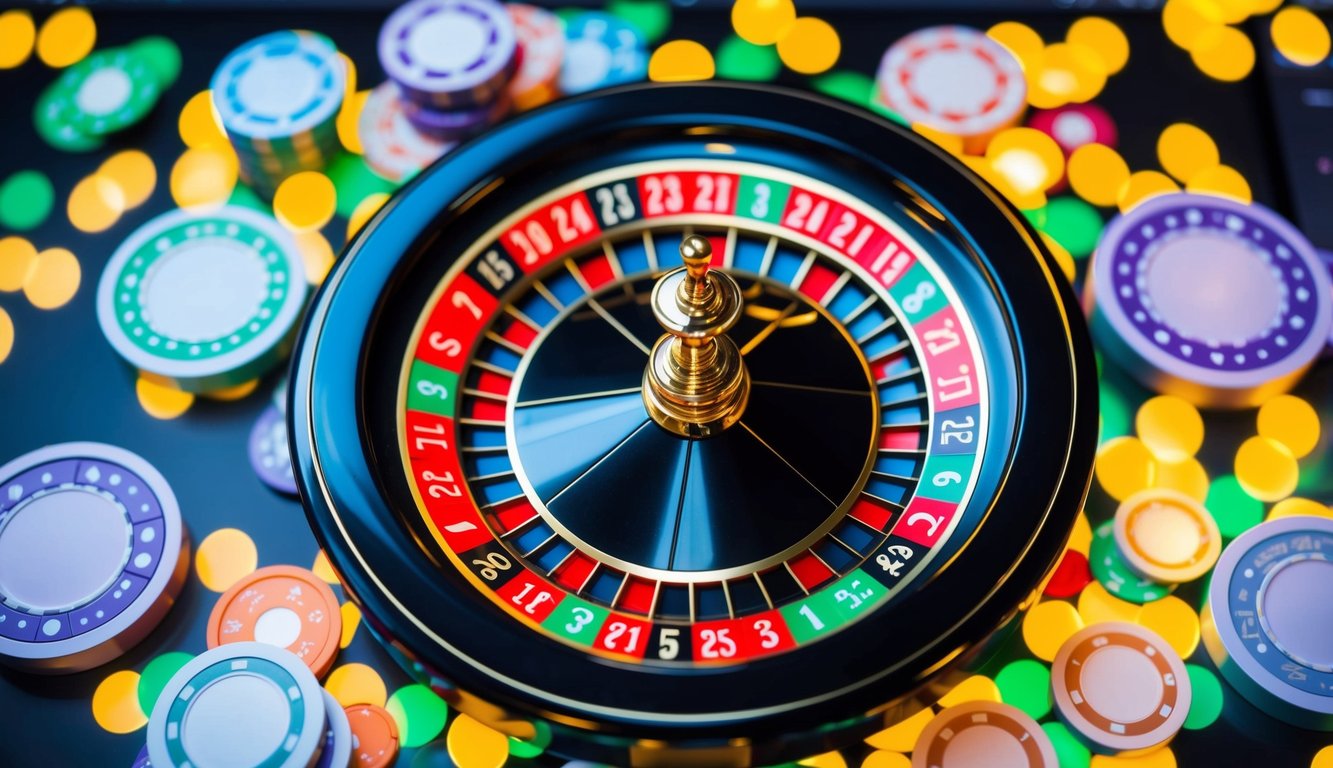 Sebuah roda roulette online yang berwarna-warni berputar di layar digital, dikelilingi oleh chip kasino virtual dan antarmuka setoran yang ramping.