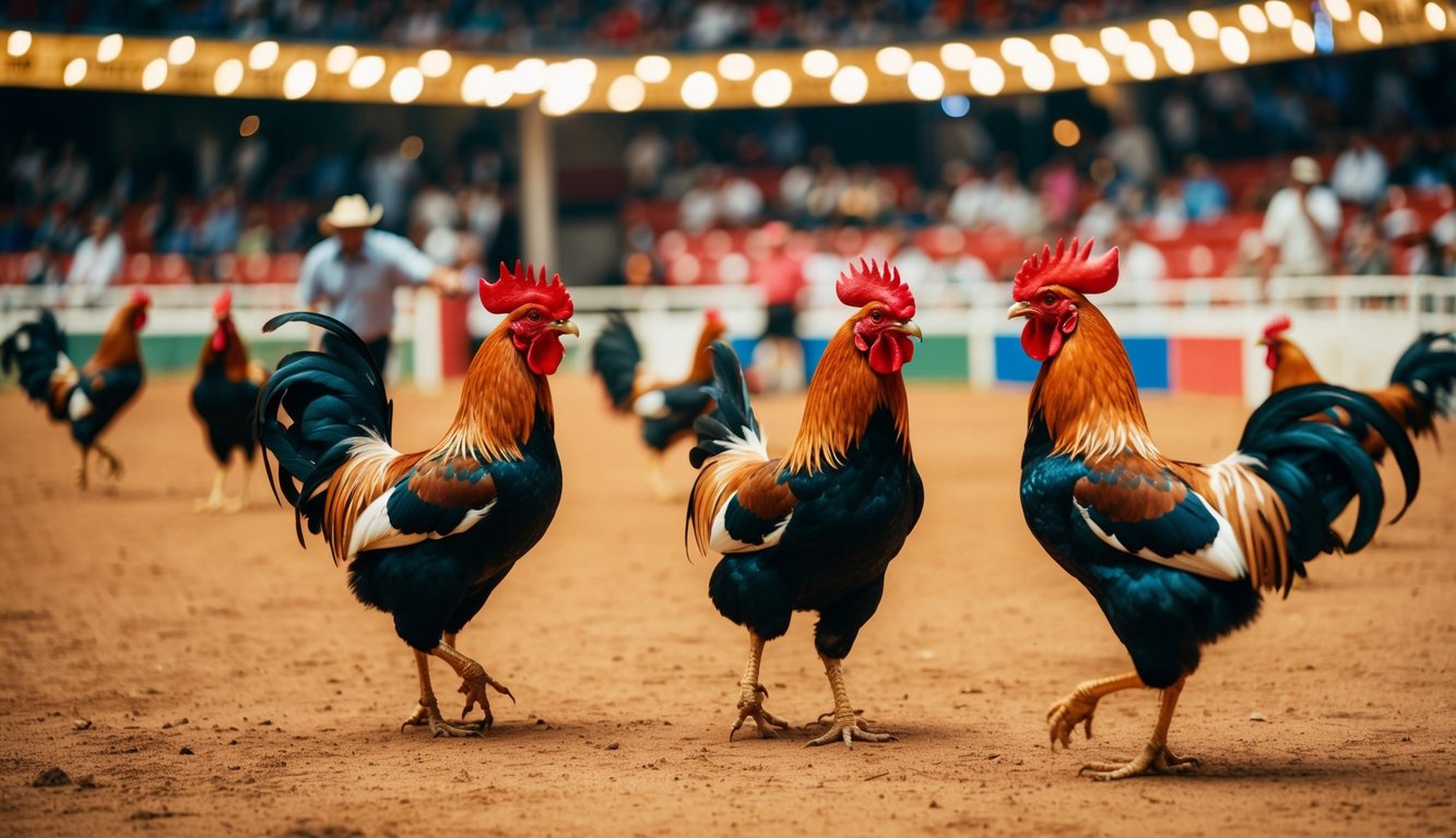 Sebuah arena sabung ayam yang ramai dengan ayam jantan berwarna-warni dan penonton yang antusias