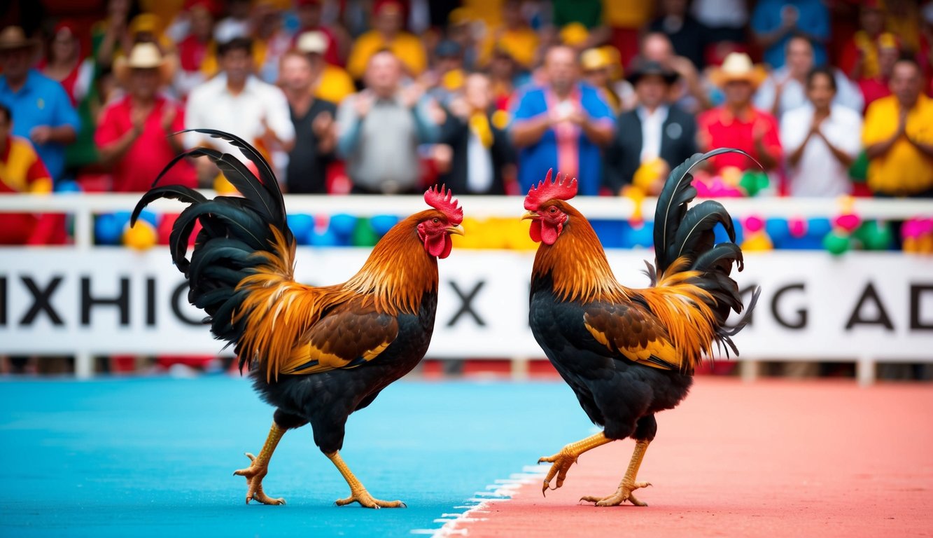 Ayam jantan bertarung di arena yang ramai dan berwarna-warni dengan penonton yang bersorak dan suasana yang meriah