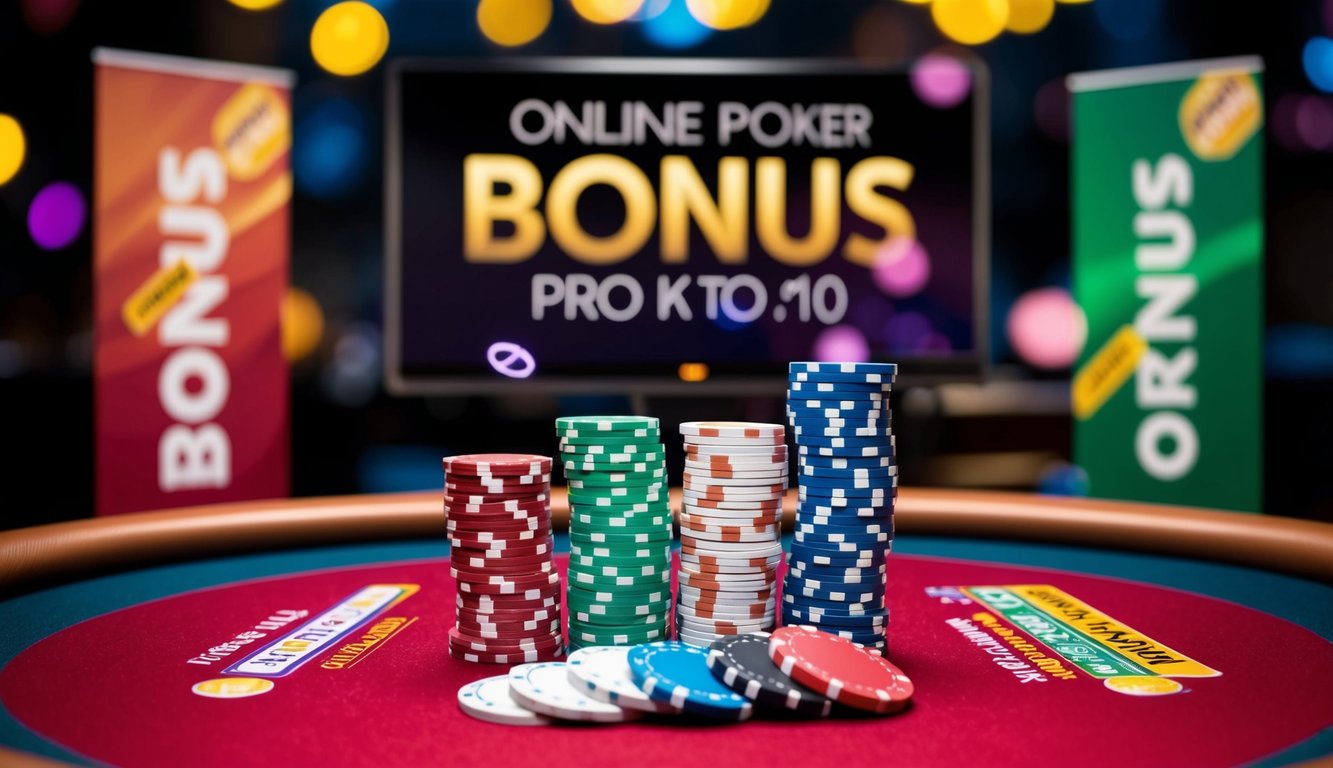 Sebuah meja poker online yang berwarna-warni dengan tumpukan chip dan kartu, dikelilingi oleh spanduk bonus dan promosi yang menggoda