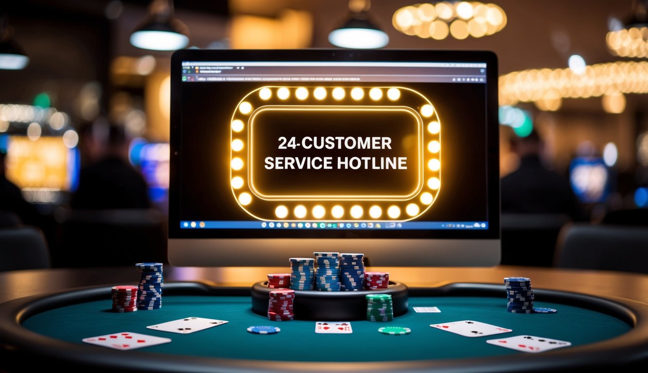 Sebuah layar komputer yang bersinar dengan meja poker, chip, dan kartu, dikelilingi oleh hotline layanan pelanggan 24 jam