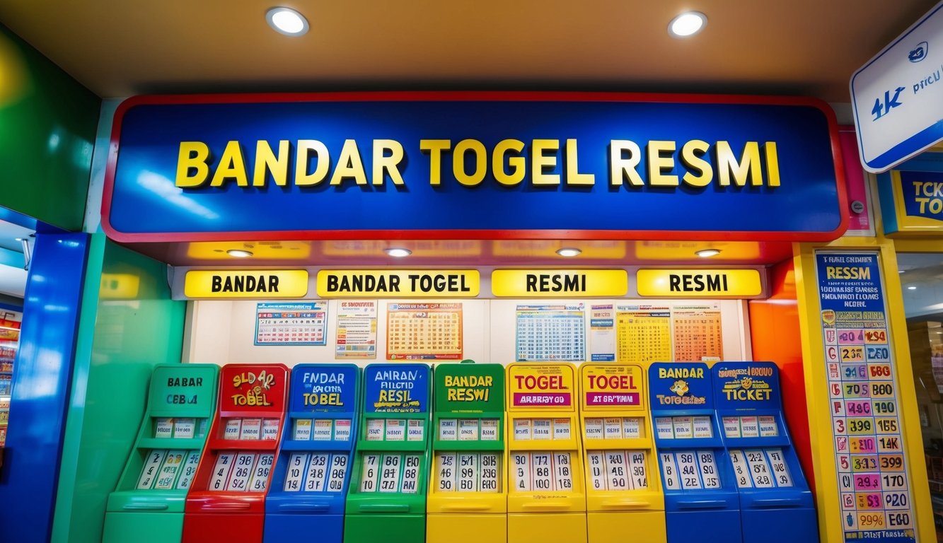 Sebuah stan tiket lotere yang berwarna-warni dan cerah dengan tanda yang tebal dan mencolok bertuliskan "Bandar Togel Resmi" di atasnya