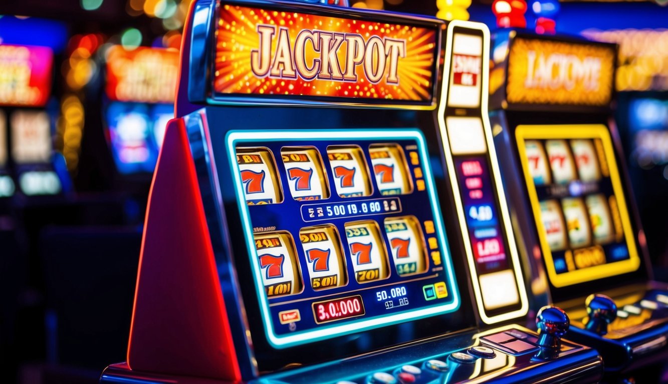 Mesin slot online berwarna-warni dengan lampu berkedip dan tampilan jackpot besar