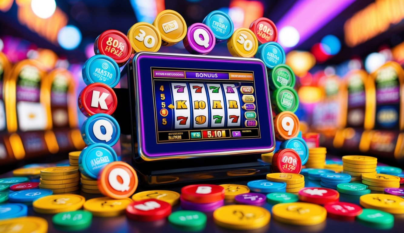 Sebuah mesin slot online yang cerah dan berwarna-warni dikelilingi oleh berbagai simbol bonus dan penawaran pasar yang menarik