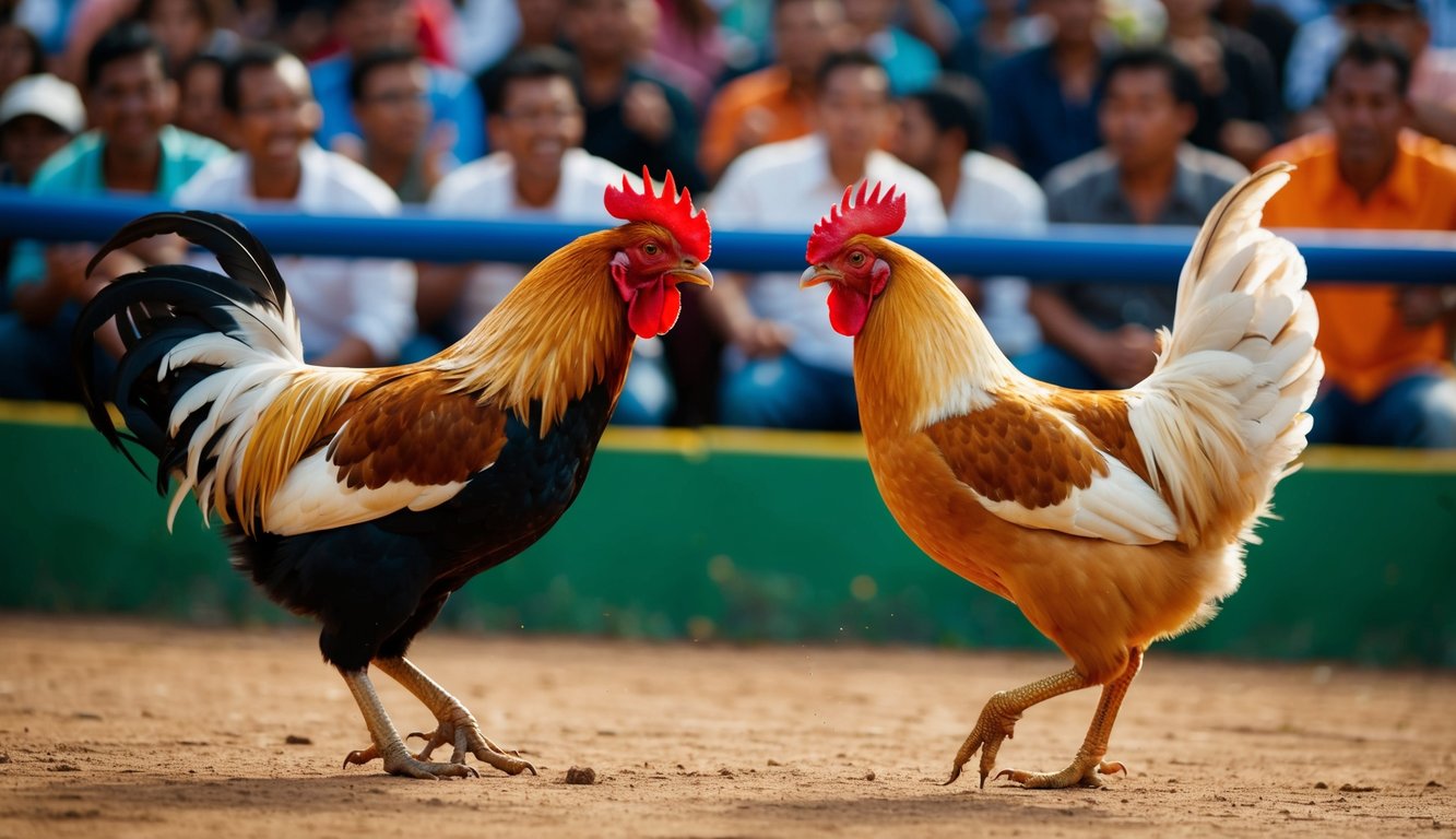 Seekor ayam jantan dan seekor ayam betina saling berhadapan di arena sabung ayam tradisional Indonesia, dikelilingi oleh penonton yang bersorak-sorai.