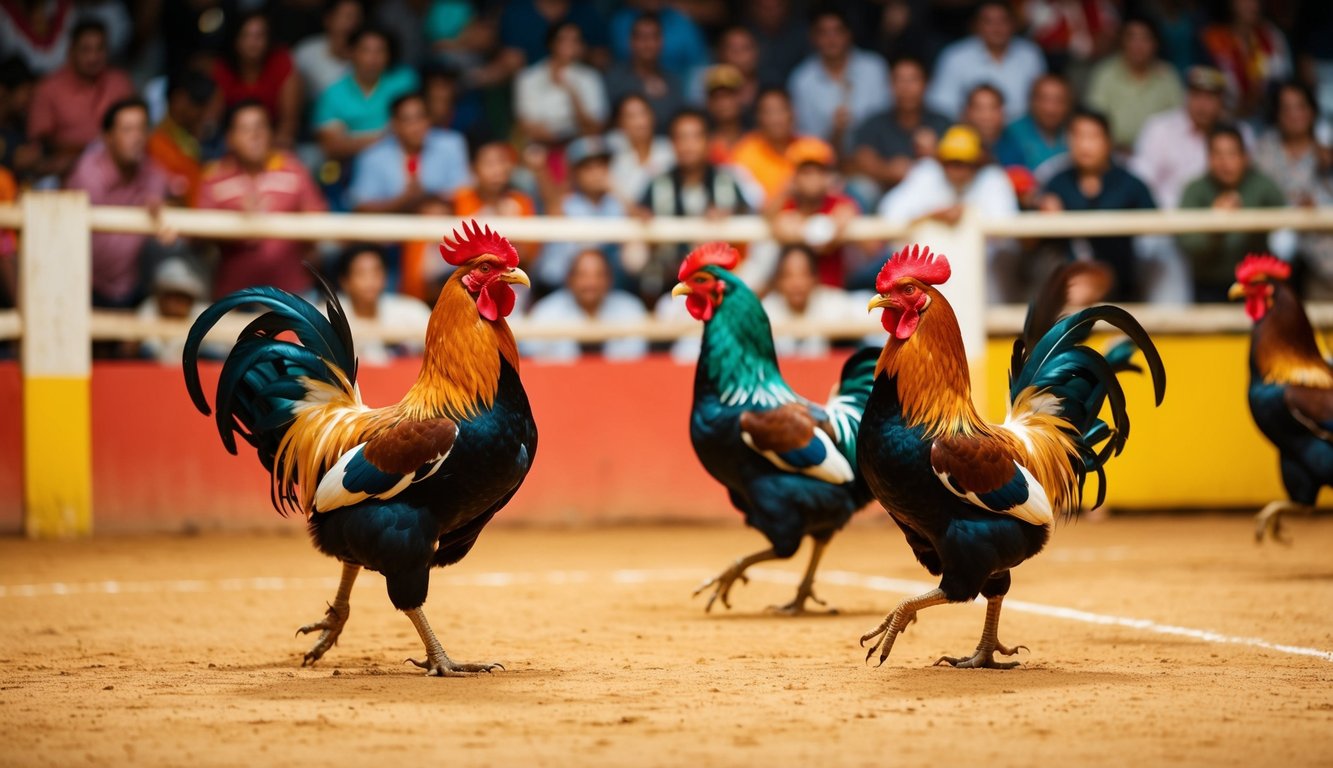 Arena sabung ayam yang meriah dengan penonton yang bersorak dan ayam jantan berwarna-warni yang bertarung