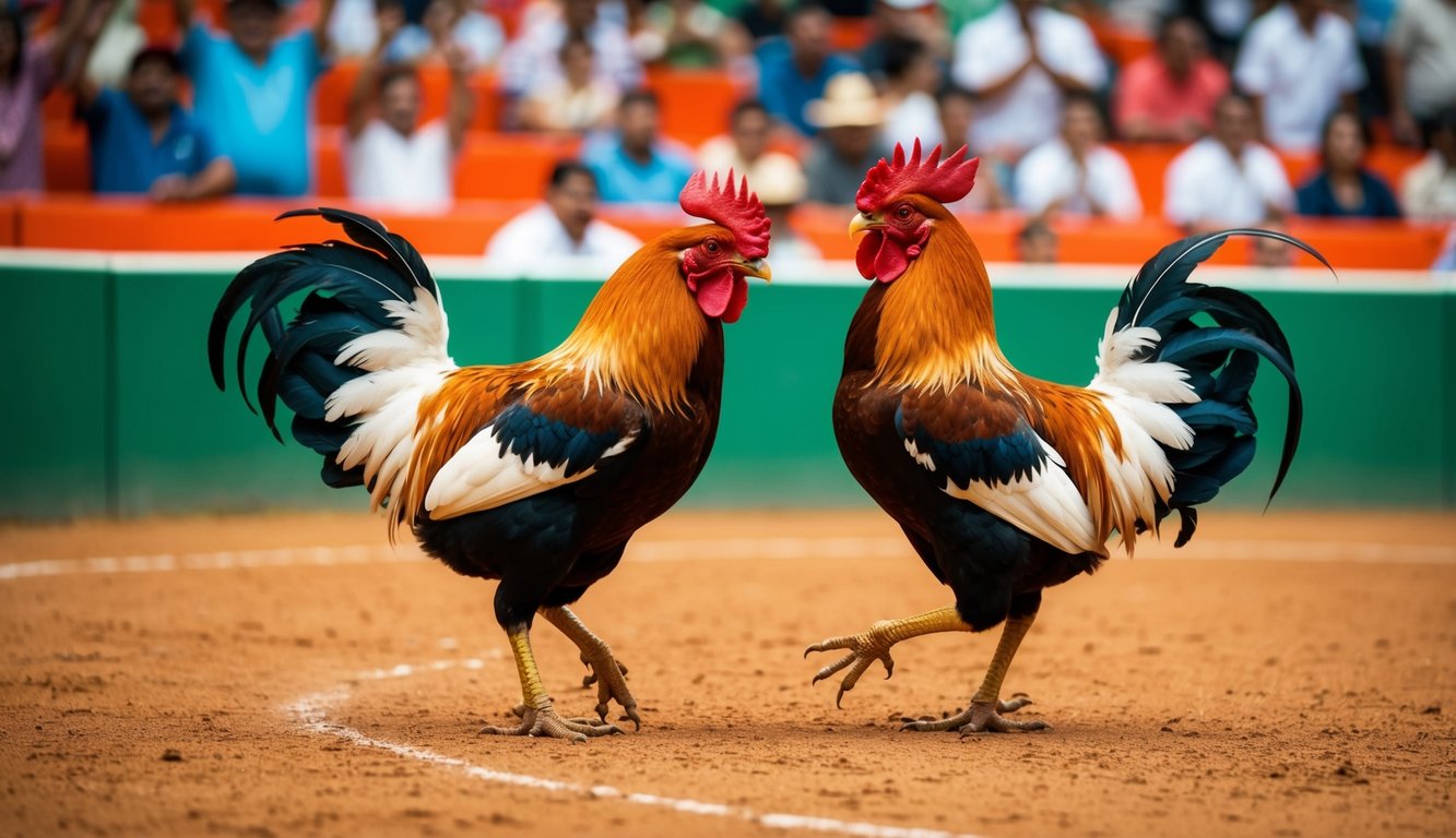 Sebuah arena sabung ayam yang hidup dan meriah dengan penonton yang bersorak-sorai dan dua ayam jantan yang garang terlibat dalam pertarungan