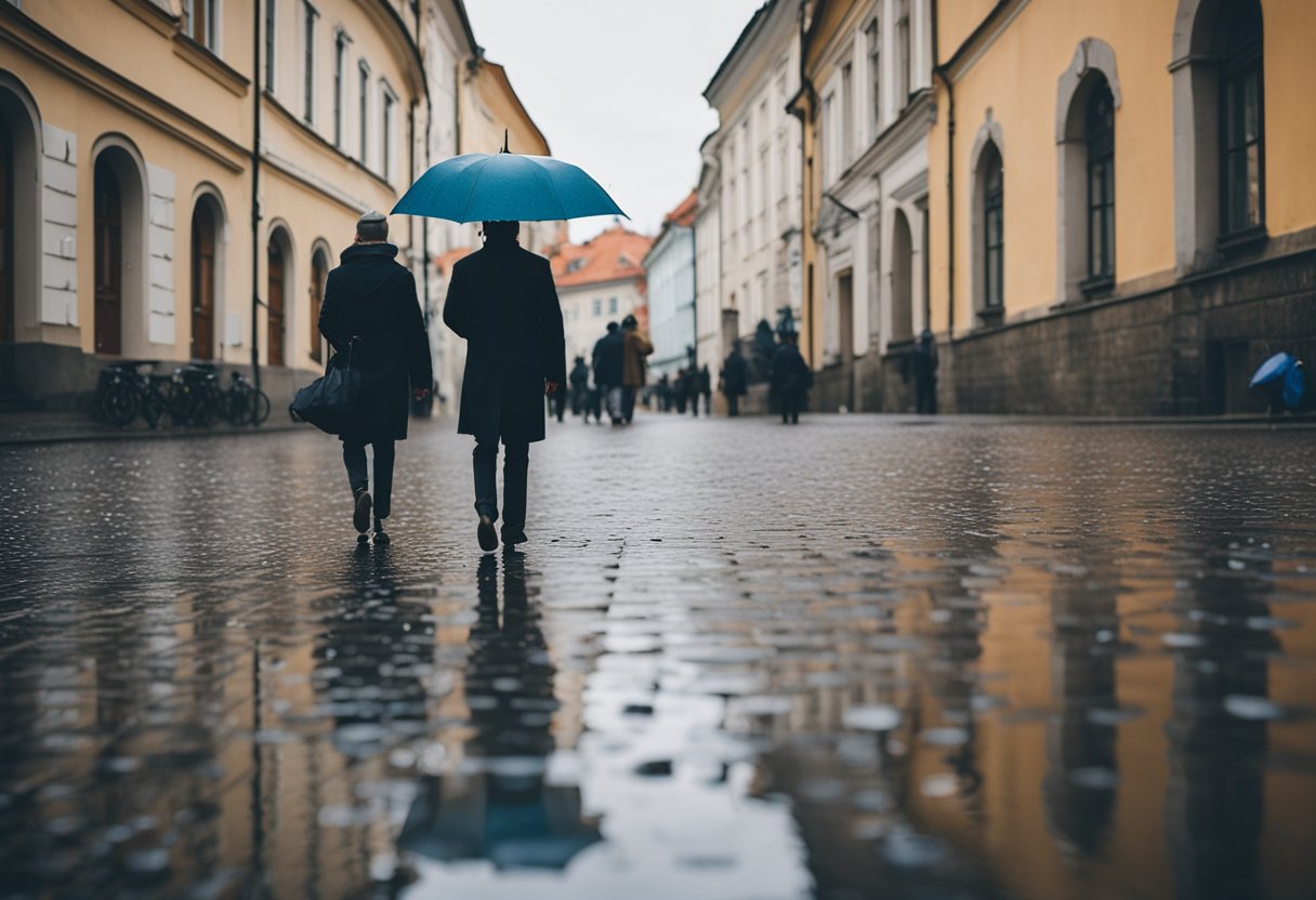 Lietinga diena Vilniuje: Kultūros institucija su žmonėmis viduje, skėčiais ir lietaus lašais, krentančiais ant akmeninių gatvių