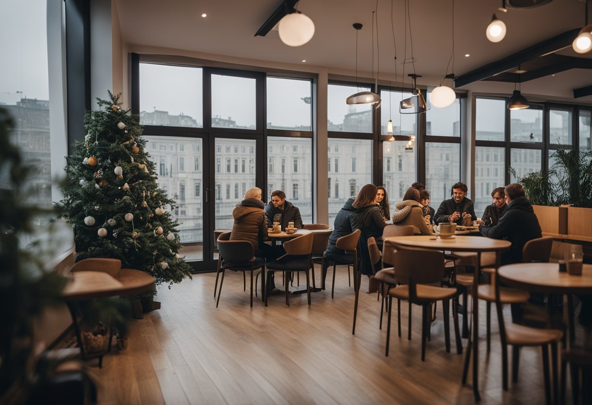 Jauki vidaus scena Vilniuje, kur lauke lyja, žmonės mėgaujasi vidaus veiklomis, tokiomis kaip skaitymas, stalo žaidimų žaidimas ar karštų gėrimų gurkšnojimas.