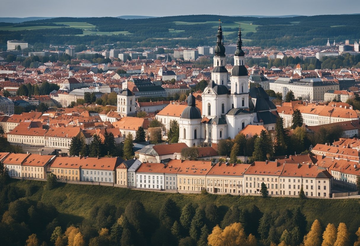 Paveikslinga istorinių ir kultūrinių paminklų aplink Vilnių panorama, su ikoninėmis pastatų ir paminklų siluetais priešais vaizdingą foną