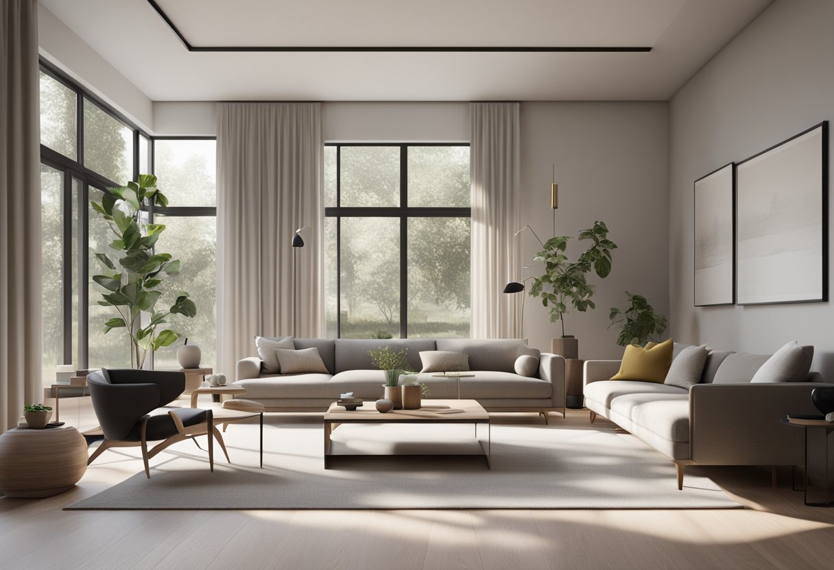 A sleek, uncluttered living room with clean lines, neutral colors, and minimal furniture. Large windows let in natural light, and simple decor adds to the modern aesthetic