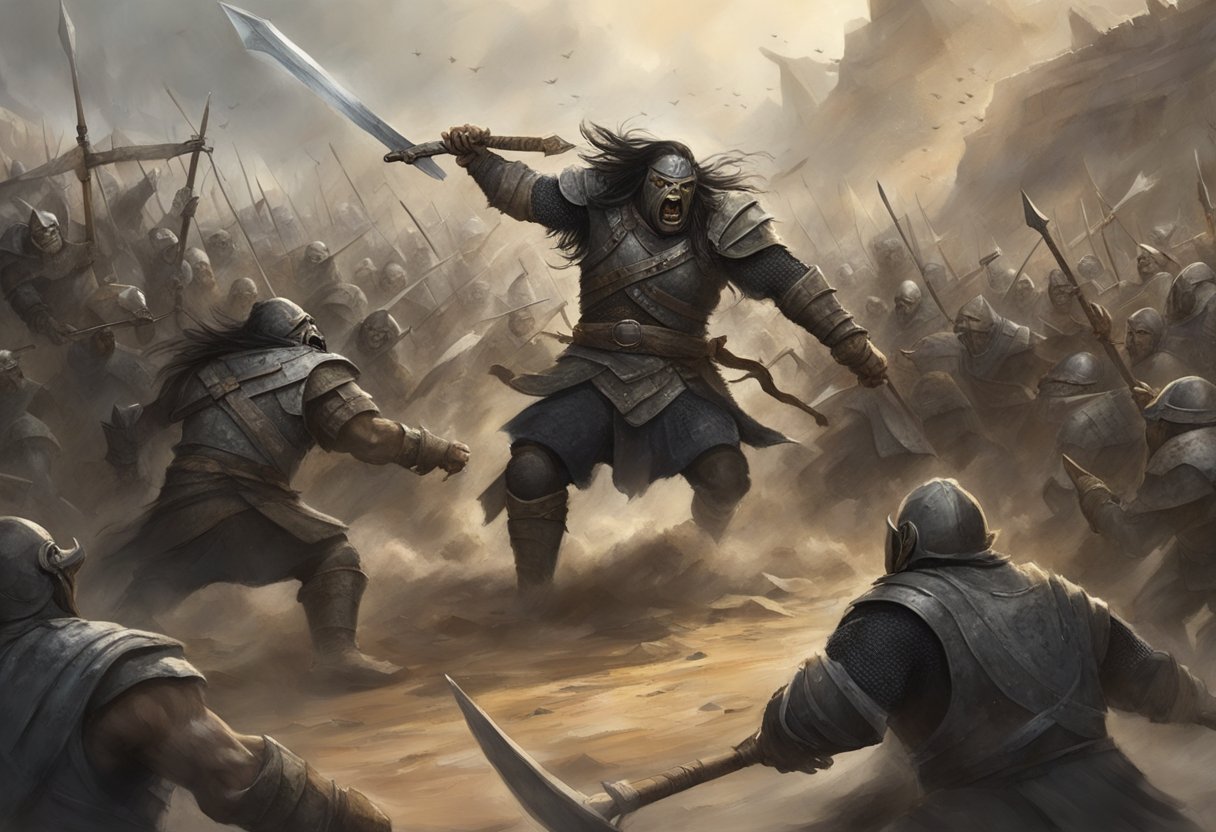 The Uruk-hai and Orcs clash in a fierce battle, wielding weapons and snarling with aggression. The scene is chaotic and intense, with dust and debris flying through the air